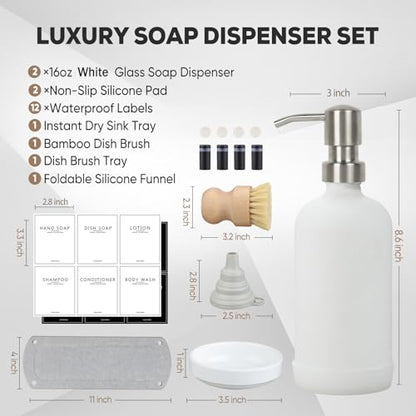 Kitchen Soap Dispenser Set with Instant Dry Tray,16 Oz Hand and Dish Soap White Glass Dispenser Set,Stainless Steel Pump,Waterproof Labels&Dish Brush,Luxury Soap Bottle for Kitchen,Bathroom - color: White Bottle+silver Pump