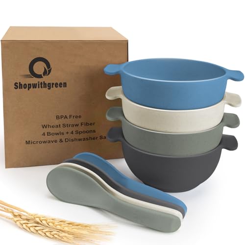 shopwithgreen Unbreakable Kids Bowls -Microwave Dishwasher Safe- Wheat Straw Snack Bowl Sets for Kids and Toddler-4 Bowls and 4 Spoons, Lightweight and Durable, 14 OZ - color: Coastal-Wheat Straw, size: 14 OZ- 4 Pack