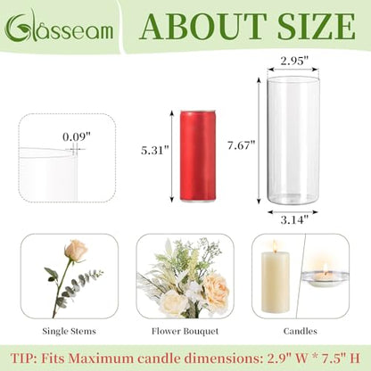Glasseam Cylinder Vases for Centerpieces, 6Pcs Clear Glass Vase for Flowers | Hurricane Pillar, Floating Candle Holder, Modern, Small Home Decorations, Table Centerpieces, Wedding, Party, 8In - size: 8In