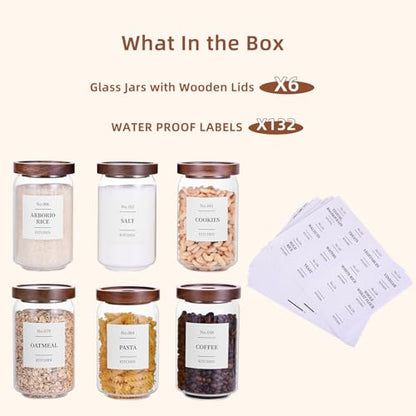 Tzerotone Glass Pantry Storage Jars with Acacia Airtight Lid, 25oz Clear Kitchen Canisters with Wood Lid, 6 Set with 132 Labels for Tea, Sugar, Spice, Herbs - color: 25OZ-6PCS