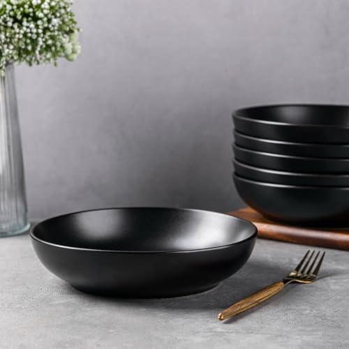 AmorArc 8.5 Inch Stoneware Pasta Bowls of 6, 32oz Large Bowls Set | Matte Black Wide Bowls for Kitchen Pasta,Salad,Oatmeal, Microwave&Dishwasher Safe - size: Set of 6