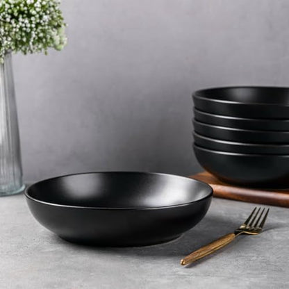 AmorArc 8.5 Inch Stoneware Pasta Bowls of 6, 32oz Large Bowls Set | Matte Black Wide Bowls for Kitchen Pasta,Salad,Oatmeal, Microwave&Dishwasher Safe - size: Set of 6