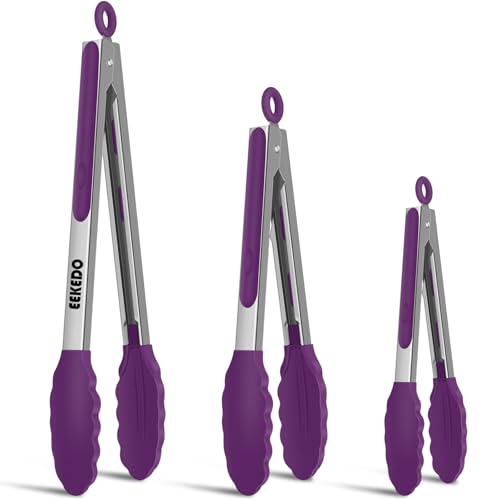 Kitchen Tongs, Stainless Steel Cooking Tongs with Silicone Tips | 600ºF High Heat-Resistant Non Scratch Locking Tongs for Cooking BBQ Grilling Air Fryer Pans, Set of 3 (7" 9" and 12") Purple - color: Purple, size: 7 + 9 + 12 inches