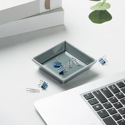 Ceramic Trinket Dish, Small Jewelry Ring Tray, Blue | Glazed ceramic jewelry tray. Stores rings, earrings, necklaces, bracelets. Easy to clean. Perfect for vanity and entryway. - color: Blue Surface
