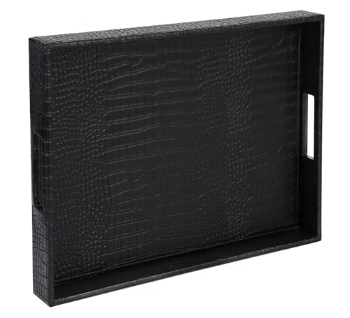 HofferRuffer Rectangle Serving Tray with Hole Handles for Coffee Table, Breakfast, Tea, Food, Butler - Countertop, Kitchen, Vanity Serve Tray, 16.2 x 12.2 x 2 inches, Faux Leather (Black Croco) - color: Black Croco