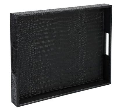 HofferRuffer Rectangle Serving Tray with Hole Handles for Coffee Table, Breakfast, Tea, Food, Butler - Countertop, Kitchen, Vanity Serve Tray, 16.2 x 12.2 x 2 inches, Faux Leather (Black Croco) - color: Black Croco