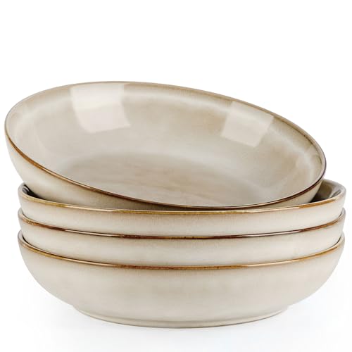 AmorArc 8.5’’ Ceramic Pasta Bowls Set of 4, 36oz Large Stoneware Bowls Set | Large Dinner Serving Bowls Set, Wide Bowl Plate for Pasta,Salad, Soup, Microwave Safe, Reactive Glaze-Cappuccino - color: Cappuccino, size: Set of 4