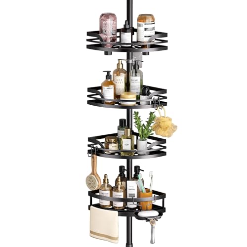 SHINEOFI Bathroom Shower Caddy Tension Pole Rustproof Iron Bath Corner Shelf with Adjustable Baskets for Shampoo And Soap Storage, Bathroom Organizer for Home Shower - Black - color: Black