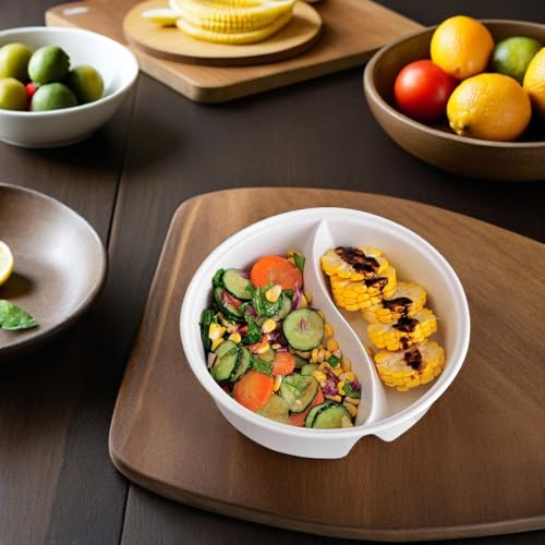 Cabilock Ceramic Divided Bowl, 40oz 2-Section Bowl with Side Compartment for Ramen, Soup, Salad, Noodles and Snacks, White, Microwave and Dishwasher Safe