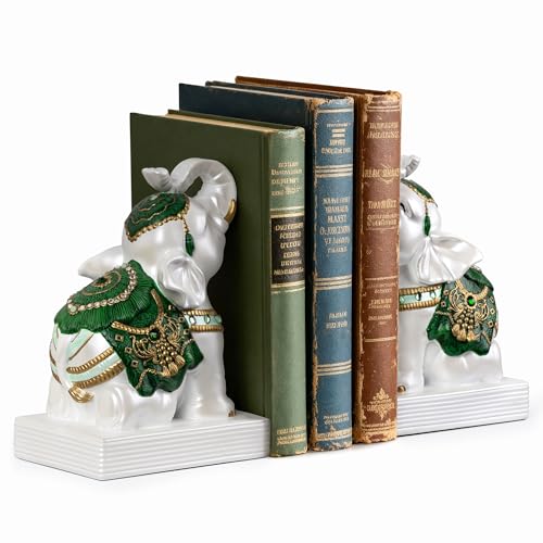 Elephant Bookends for Shelves, Decorative Bookends, Book Holders with Anti-Slip Pad for Book Lovers Heavy Book Stopper for Home Office Decor (Forgest Green&White) - color: Forgest Green&white