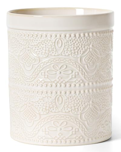 Kitchen Utensil Holder, 7.2" Super Large Utensil Crock Heavy and Stable Lace Emboss Ceramic Utensil Holder for Kitchen Counter (Lace Emboss) - color: Antique White