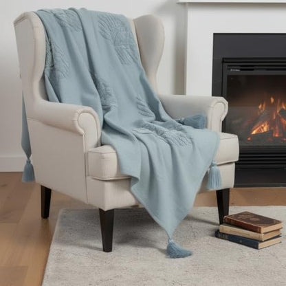 HomeRoots 50" X 60" Aqua Cotton Woven Ikat Throw Blanket with Tassels