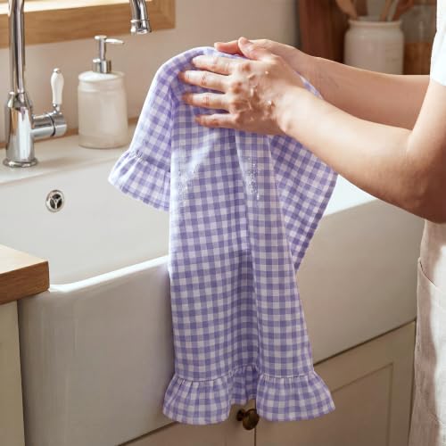 HunnmingRe Purple Kitchen Towels Set of 2, 100% Cotton Ruffled Gingham Dish Towels 18"x28" Absorbent Tea Cloths Classic Plaid Pattern for Farmhouse Charm, Drying Dishes, Entertaining Guests - color: Purple, style: Gingham