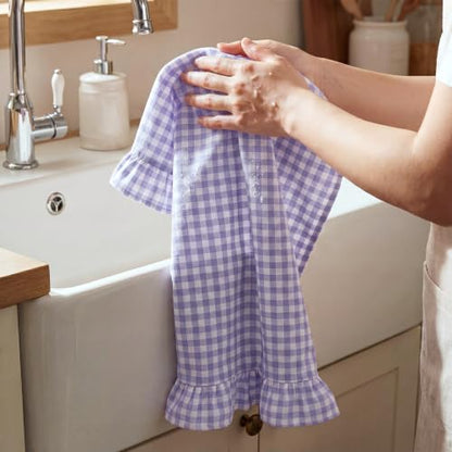 HunnmingRe Purple Kitchen Towels Set of 2, 100% Cotton Ruffled Gingham Dish Towels 18"x28" Absorbent Tea Cloths Classic Plaid Pattern for Farmhouse Charm, Drying Dishes, Entertaining Guests - color: Purple, style: Gingham