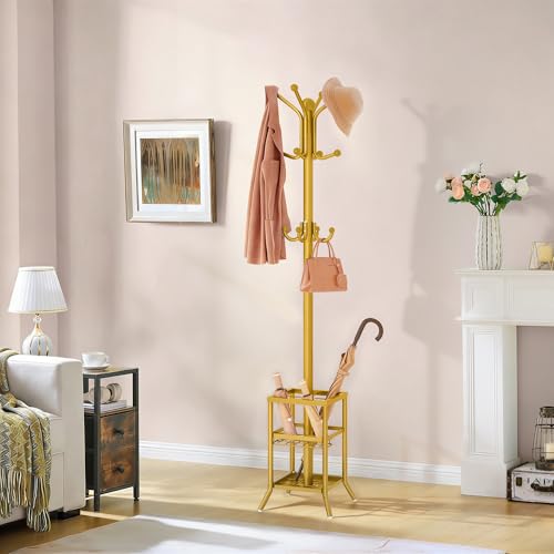 FAVOOSTY Coat Rack Freestanding,Coat Rack Stand with Umbrella Holder,Metal Coat Tree with 12 Hooks,Tree Clothes Hat for Entryway, Hallway, Bedroom, Living Room & Office -Glod - color: Gold