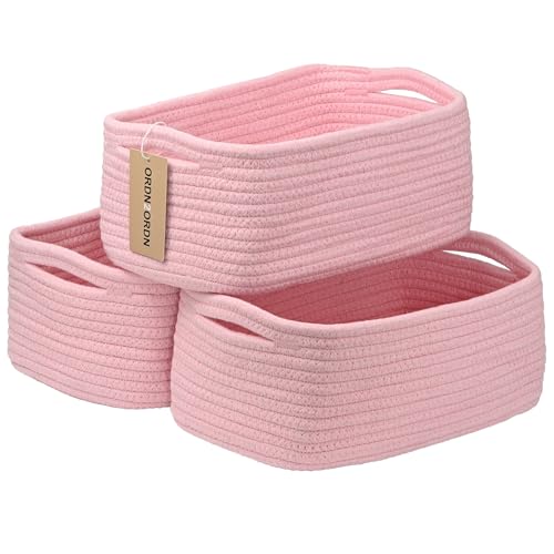 3Pack Small Woven Storage Baskets for Shelves Organizing | Cotton Rope Closet Organizer Bins, Basket for Gifts Empty, Nursery, Living room, Dog Toy Basket 13.2x8.2x5.2 in, Pink - color: Pink, size: M
