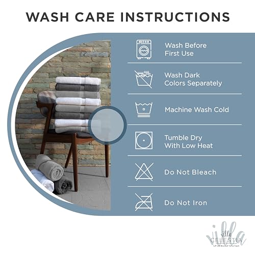 Villa Celestia 12-Piece 100% Cotton Towel Set, 4 Bath Towels, 4 Hand Towels, 4 Wash Cloth, Quick-Dry, Blue - color: Blue, size: Towel Set - Pack of 12