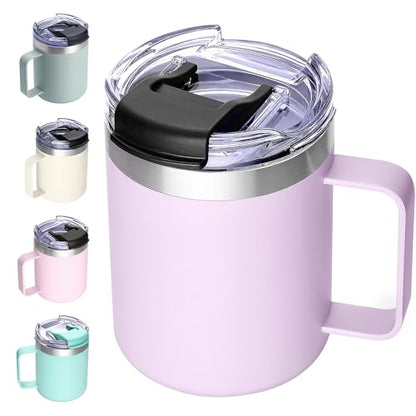 12oz Insulated Travel Coffee Mug with Handle, Lavender | Stainless Steel Coffee Tumbler with Lid, Double Wall Vacuum Thermal Cup for Camping - color: Lavender, size: 1 Count (Pack of 1)