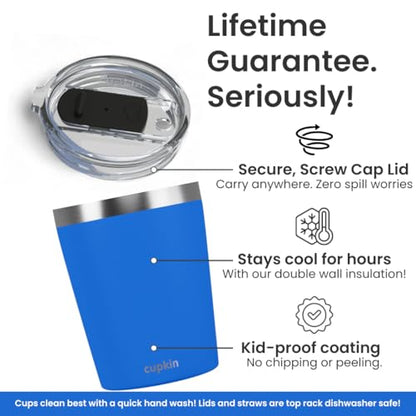 CUPKIN Stackable Stainless Steel Kids Cup Smoothie Tumbler, Powder Coated Insulated Tumblers, BPA Free Lid and Silicone Straw 8 Fl Oz (Pack of 1), Blue - color: Blue, size: 8 Fl Oz (Pack of 1)