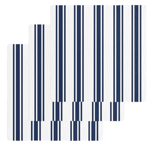 Navy Blue Striped Dish Towels Set, Waffle Weave Kitchen Towels 3 Pieces, Farmhouse Aesthetic Modern Stripes Microfiber Hair Face Bath Tea Towel Absorbent Quick Drying Cleaning Dish Cloths, 12"x12" - color: Navy, White, Blue, size: 3PCS,12"x12"