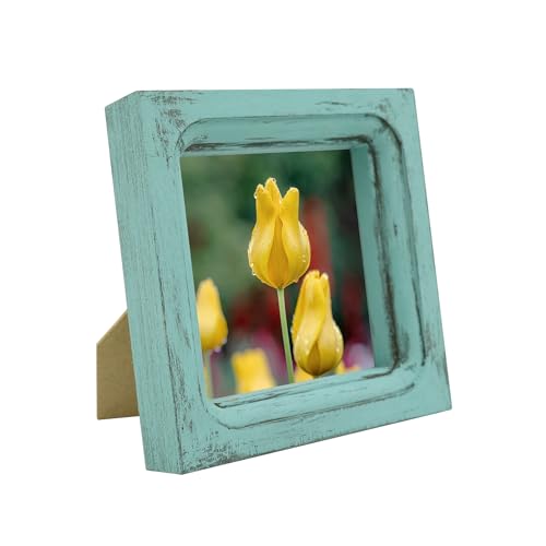 4x4 Picture Frame Made of Solid Wood High Definition Glass Rustic Vintage Designs Small Photo Frame for Tabletop Display and Wall Mounting, Distress Blue - color: Distress Blue A, size: 4" X 4"