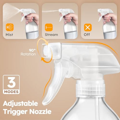 Tecohouse 360° 16 OZ Clear Glass Spray Bottles 2 Pack | 360° All-Angle Spray, Leakproof, Empty Refillable Containers for Cleaning Solutions, Plants, Facial Hydration, Hairs Care, - color: Clear