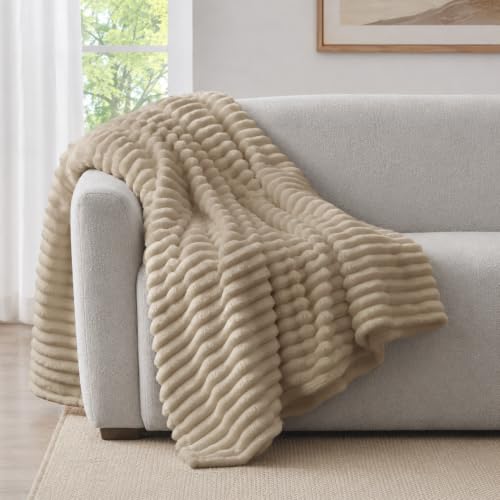 Nookly Linen Twin Size Fleece Blanket, Soft Lightweight Ribbed Plush Bed Blanket, Cozy All-Season Striped Fleece Twin Throw for Bedroom and Home, 60x80 Inches - color: Linen, size: Twin(60"x80")