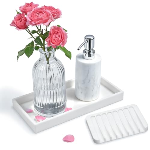 Bloss Small Bathroom Vanity Tray with Soap Dish, 8 x 4 inch Silicone Kitchen Sink Soap Tray,Bathroom Counter Trays Organizer for Candle Perfume Jewelry Key, Write - color: White, size: 7.9" x 3.9" x 0.9"
