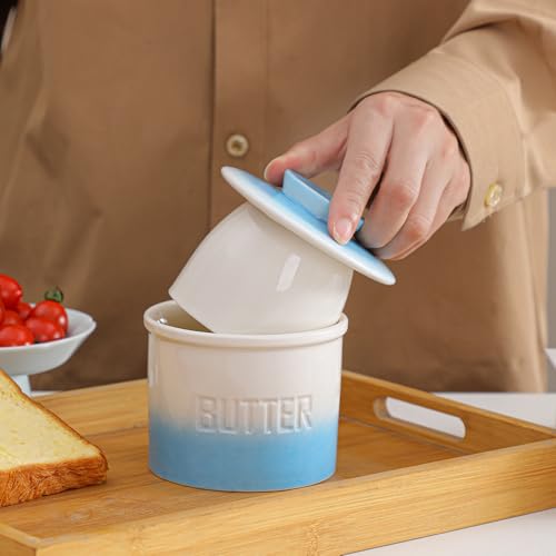 Butter Jar, French-Style Butter Dish with Lid, with Water Line, Countertop Suitable, Housewarming Gift Box, Kitchen & Home Decoration (gradient blue, Ceramic) - color: gradient blue