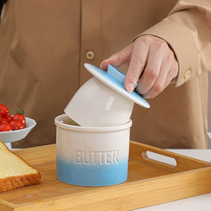Butter Jar, French-Style Butter Dish with Lid, with Water Line, Countertop Suitable, Housewarming Gift Box, Kitchen & Home Decoration (gradient blue, Ceramic) - color: gradient blue