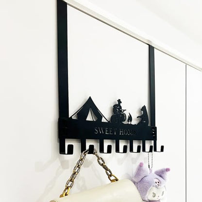 Over The Door Hanger Hooks with 7 Hooks, Black Metal No Drill Over Door Coat Rack for Towels, Coats, Hats, Bags & Robes, Bedroom Bathroom Closet Dorm Entryway Organizer, Fits 1.4–1.7'' Standard Doors
