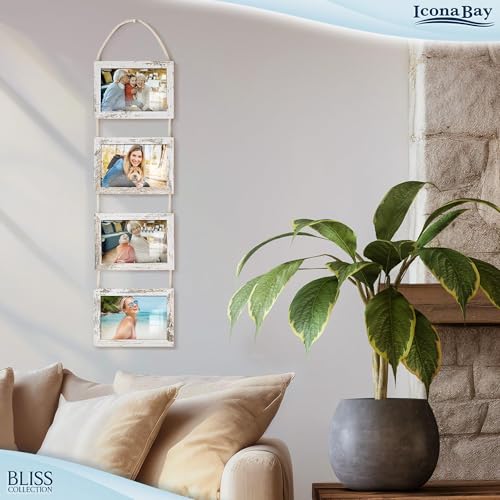4x6 Wall Hanging Picture Frames Collage with 4 Openings - Distressed White - Casual Style Engineered Wood Frames - Wall Mount Only - Bliss Collection - color: Distressed White, size: 4x6