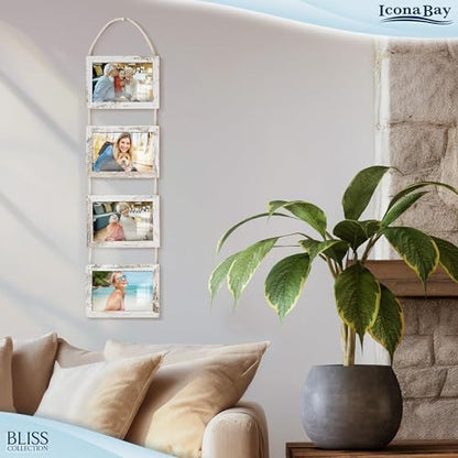 4x6 Wall Hanging Picture Frames Collage with 4 Openings - Distressed White - Casual Style Engineered Wood Frames - Wall Mount Only - Bliss Collection - color: Distressed White, size: 4x6