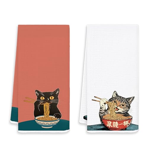 Vintage Japanese Cat Kitchen Towels, Quirky Black Cat Eating Ramen Decorative Hand Towels for Kitchen Restaurant, Retro Funny Kitty Dish Tea Towel Dish, 16x24 Inch Set of 2 - color: White-ramen