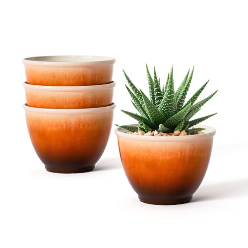 8 Inch Plant Pots Glazed Ceramic Look Planters with Drainage Hole,4 Pack | Modern Decorative Flower Pots for Indoor Outdoor Plants Succulent Snake, Orange - color: Orange