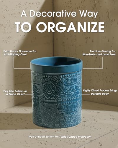 Kitchen Utensil Holder, 7.2" Super Large Utensil Crock Heavy and Stable Lace Emboss Ceramic Utensil Holder for Kitchen Counter (Grayish Blue) - color: Grayish Blue