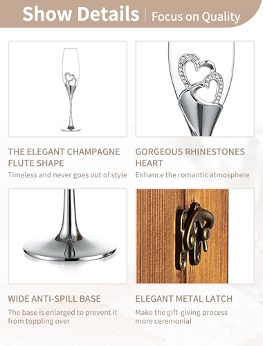 NUPTIO Crystal Champagne Flutes, Wedding Gifts for Couple, Silver, Set of 2 | Rhinestone Rimmed Heart Toasting Glasses with Wooden Gift Box for Engagement, Anniversary, Party, Bridal Showers, 6.76oz - color: Silver