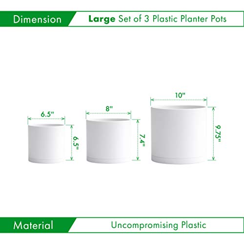 D'vine Dev 3-Pack Plastic Pots & Saucers, 6.5/8/10 in, White, 74-V-A-4 | Multi-Size Options, Lightweight Durable, Matte Finish, Cylinder Shape, Drainage Holes, Sleek Design, Detachable Saucer - color: Matte White, size: Large