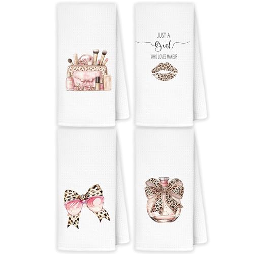 Coquette Leopard Bathroom Hand Towels, Cheetah Print Bathroom Decor, Pink Leopard Bow Makeup Lips Perfume Decorative Hand Towels for Bath Room Washroom Restroom, 16x24 Inch Set of 4 - color: Coquette-towels-j