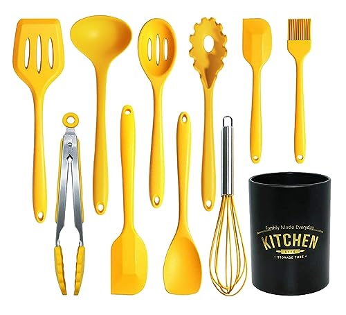 11Pcs Silicone Cooking Utensils Set - Heat Resistant Kitchen Tools, Spatula, Turner, Tongs, Spoon, Whisk, BPA Free, Dishwasher Safe, Nonstick Cookware Utensils (Yellow)