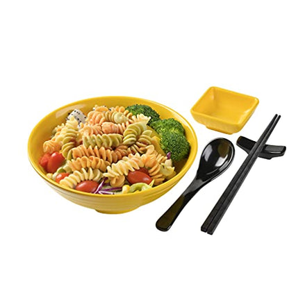 Unbreakable Ramen Bowl Set with Chopsticks and Spoon: 2 large Japanese Style Melamine Ramen Bowls, Dipping Bowls and Chopstick Stands for Asian Pho Soup Thai Miso Udon Wonton (2 Bowl Set, Yellow) - color: Yellow, size: 2 Bowl Set