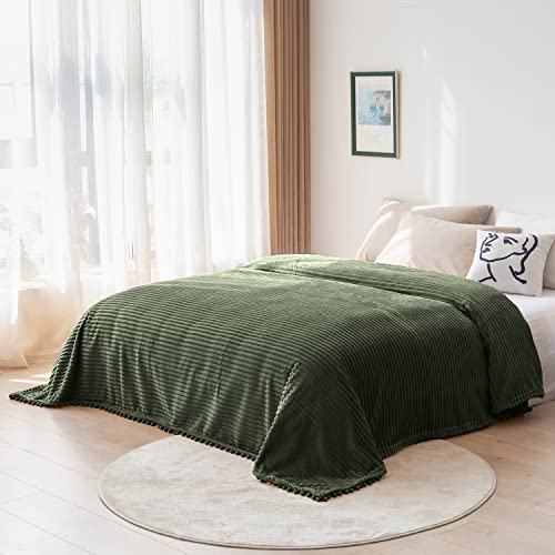 DISSA Fleece Blanket Throw Size – 51x63, Olive Green – Soft, Plush, Fluffy, Fuzzy, Warm, Cozy – Perfect Throw for Couch, Bed, Sofa - with Pompom Fringe - Flannel Blanket Throw Blanket - color: Olive Green, size: 51x63"
