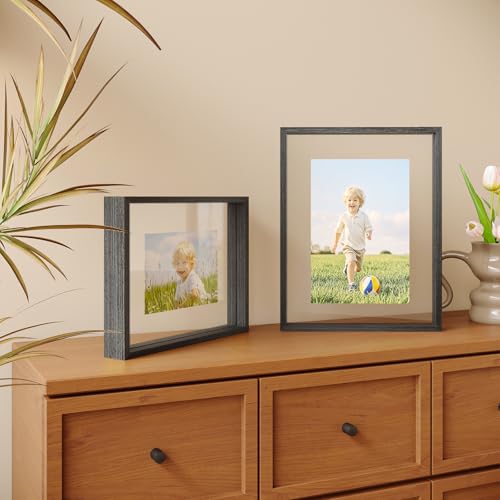 Egofine 11x14 Floating Frames Set of 2, Double Plexiglass Picture Frame, Made of Solid Wood Display Any Size Photo up to 11x14, Wall Mount or Tabletop Standing, Faded Black - color: Faded Black, size: 11x14