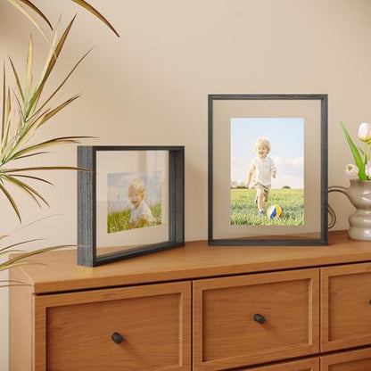 Egofine 11x14 Floating Frames Set of 2, Double Plexiglass Picture Frame, Made of Solid Wood Display Any Size Photo up to 11x14, Wall Mount or Tabletop Standing, Faded Black - color: Faded Black, size: 11x14