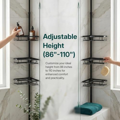 Tension Pole Shower Caddy, 4-Tier Corner Organizer with Hooks & Side Boxes, Thickened Carbon Steel No-Drill Standing Bathroom Storage for Tub & Shower