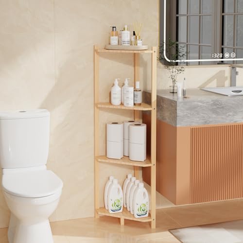 Wisuce Bamboo Small Corner Shelf Stand, 4-Tier Natural Corner Bookshelf | Space-Saving Narrow Corner Shelf | Bathroom, Bedroom, Living Room, Kitchen & Plants | Stable Natural Bamboo Frame - color: Natural, size: 4 Tier