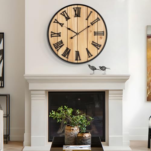 Large Wall Clock 20IN, Silent Metal Wood Style Wall Clocks Battery Operated for Living Room Decor, Farmhouse Big wall Clock, Outdoor - color: Wood-roman, size: 20IN