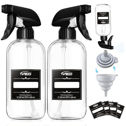 Veco 300mL (10oz) 360° Spray Bottles, 2-Pack — Adjustable Nozzle, Leak-Resistant spray bottles for Cleaning, Plants, Hair & Pet Use + Foldable Funnel - size: 10oz 2pcs