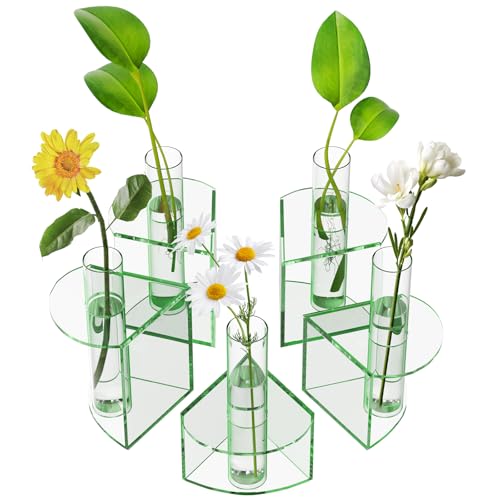 NIUBEE Plant Propagation Station Indoor: Petals Shaped Plant Terrarium with 5 Glass Test Tubes, Acrylic Tabletop Propagation Vases for Hydroponic Plants, Office Kitchen Decor for Plant Lovers (Green)