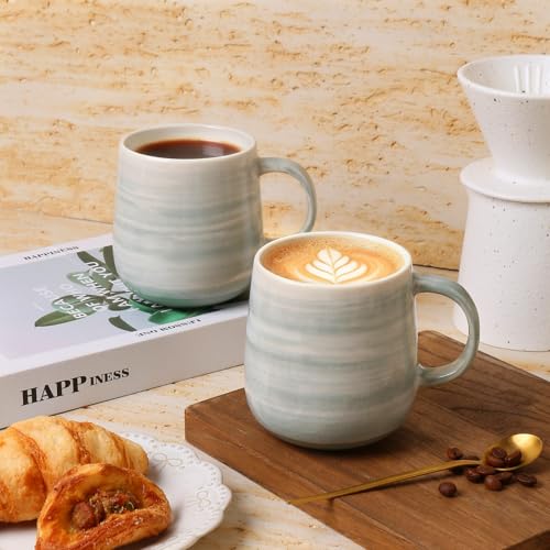 Coffee Mugs Set of 4, 12oz Stoneware Coffee Cups with Handle, Light Green | Hand-Painted Ceramic Mugs Set for Women and Men, Dishwasher & Microwave Safe, Suitable for Hot Coffee, Tea, Cocoa, Milk - color: Light Green